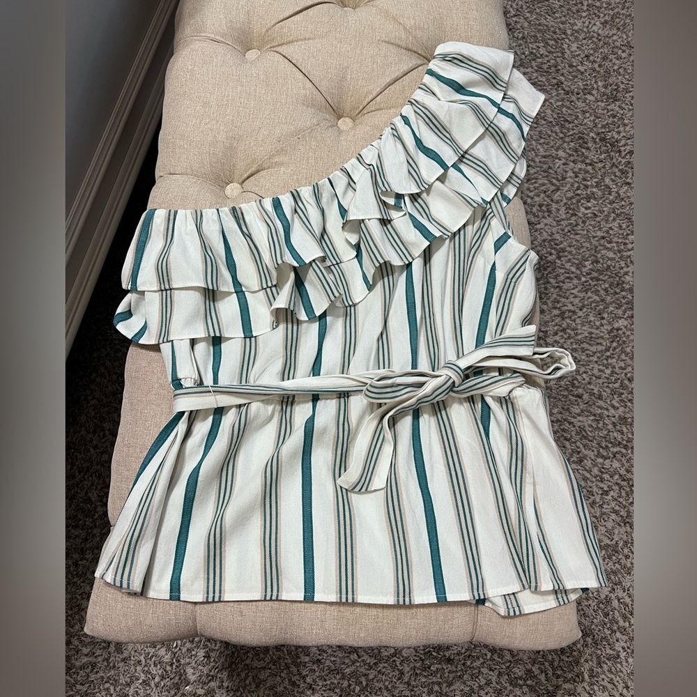 Ann Taylor- Striped One-Shoulder Ruffle Top